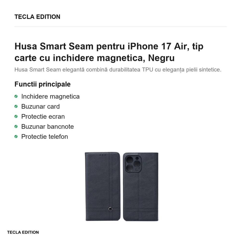 Husa Smart Seam pentru iPhone 17 Air, tip carte cu inchidere magnetica, Negru [2]