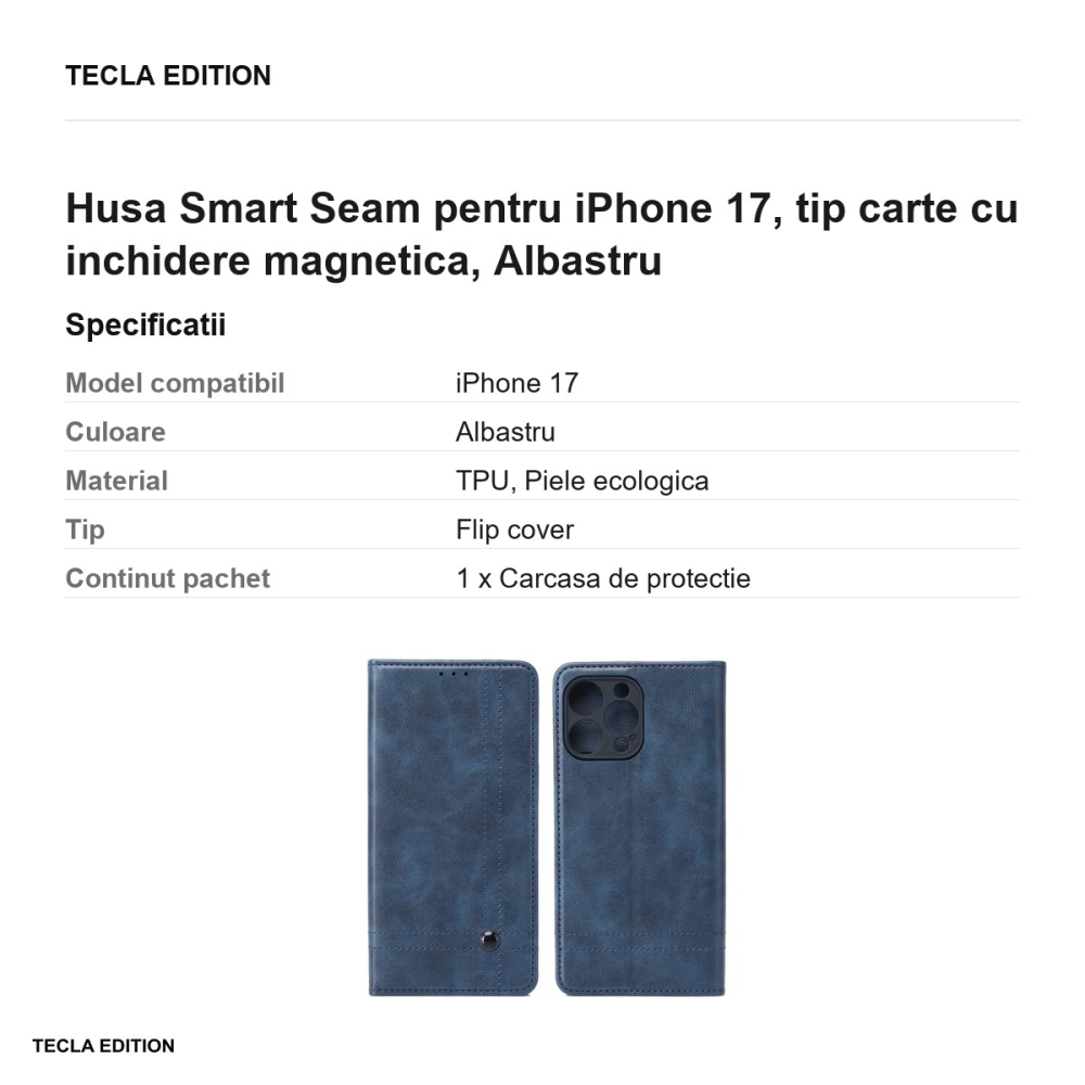 Husa Smart Seam pentru iPhone 17, tip carte cu inchidere magnetica, Albastru [3]