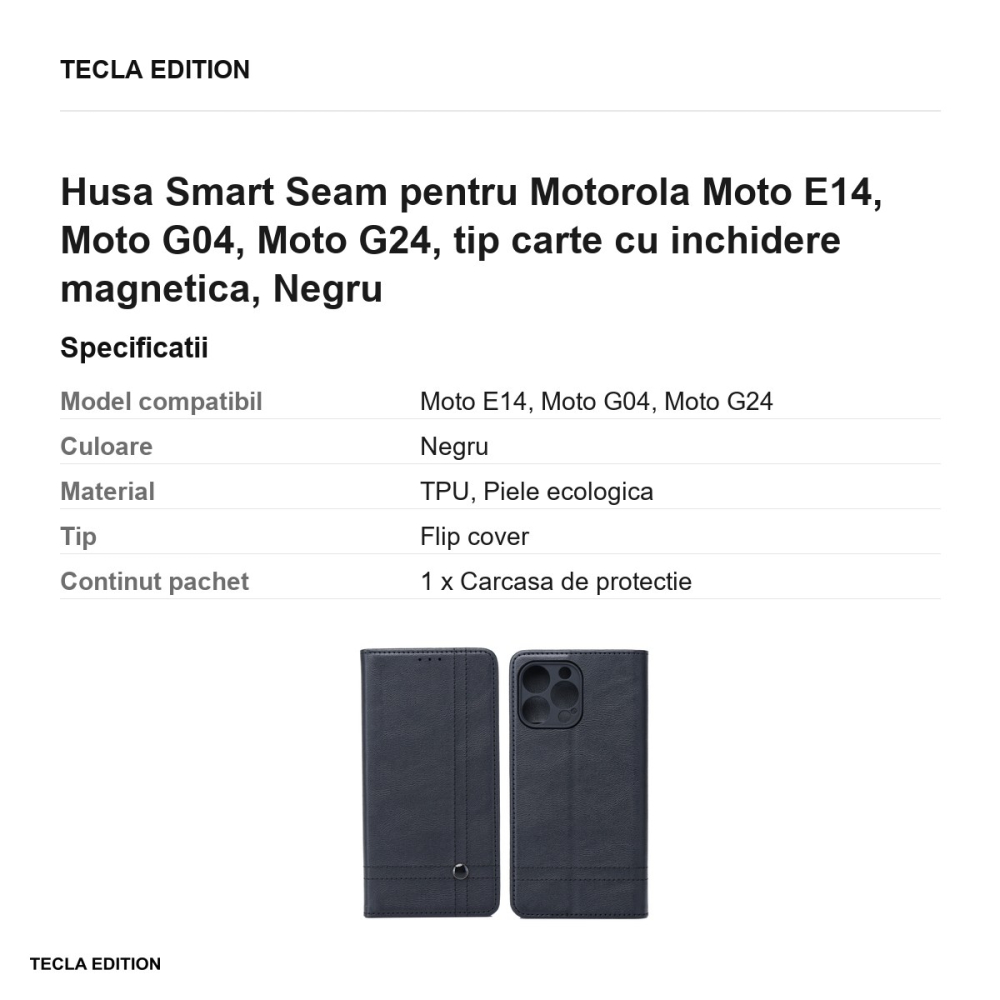 Husa Smart Seam pentru Motorola Moto E14, Moto G04, Moto G24, tip carte cu inchidere magnetica, Negru [3]