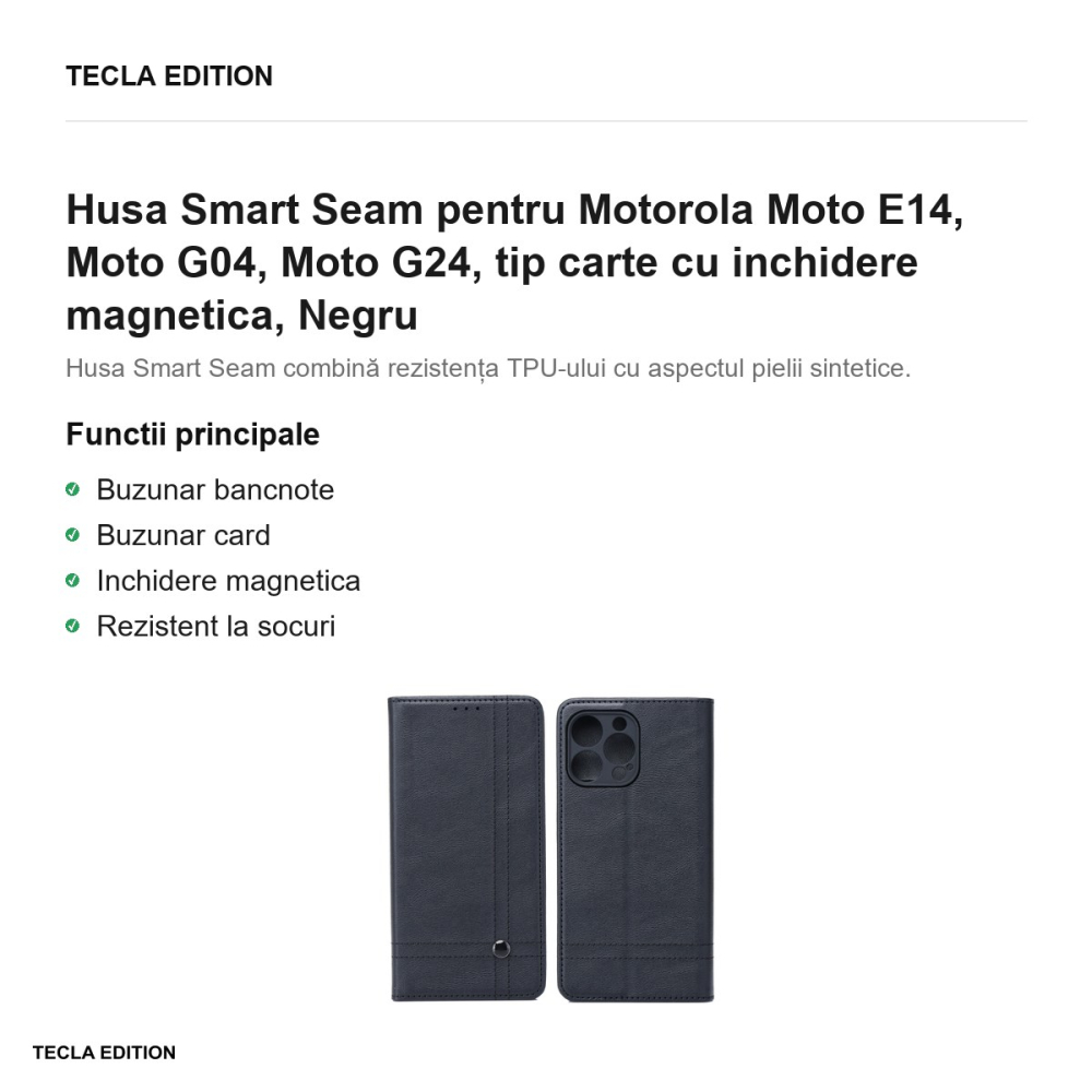 Husa Smart Seam pentru Motorola Moto E14, Moto G04, Moto G24, tip carte cu inchidere magnetica, Negru [2]