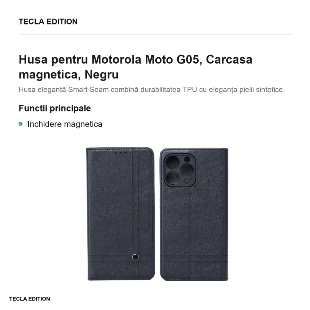 Husa Smart Seam pentru Motorola Moto G05, tip carte cu inchidere magnetica, Negru [2]