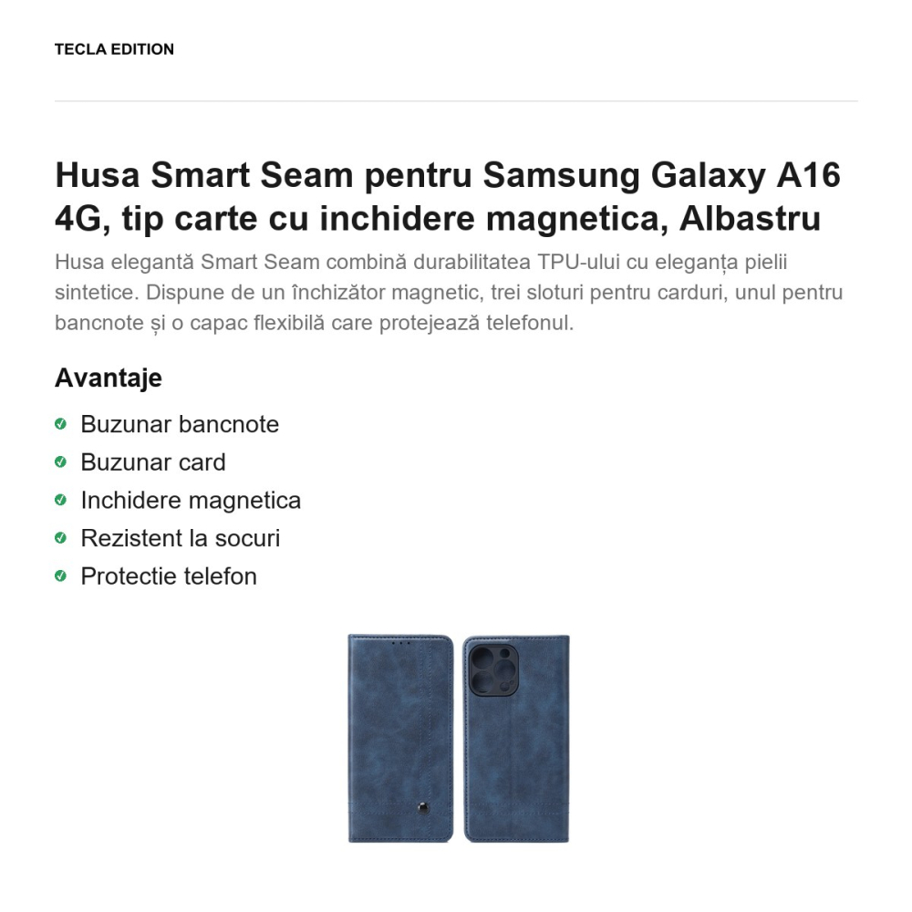 Husa Smart Seam pentru Samsung Galaxy A16 4G, tip carte cu inchidere magnetica, Albastru [2]