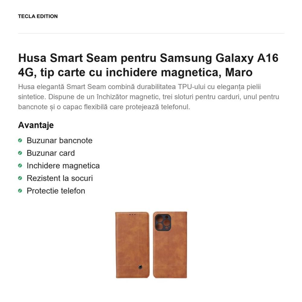 Husa Smart Seam pentru Samsung Galaxy A16 4G, tip carte cu inchidere magnetica, Maro [2]