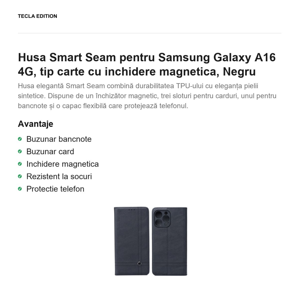Husa Smart Seam pentru Samsung Galaxy A16 4G, tip carte cu inchidere magnetica, Negru [2]