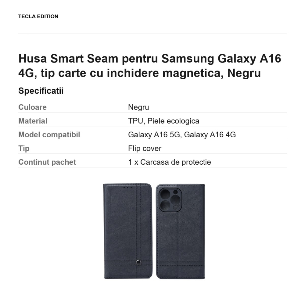 Husa Smart Seam pentru Samsung Galaxy A16 4G, tip carte cu inchidere magnetica, Negru [3]