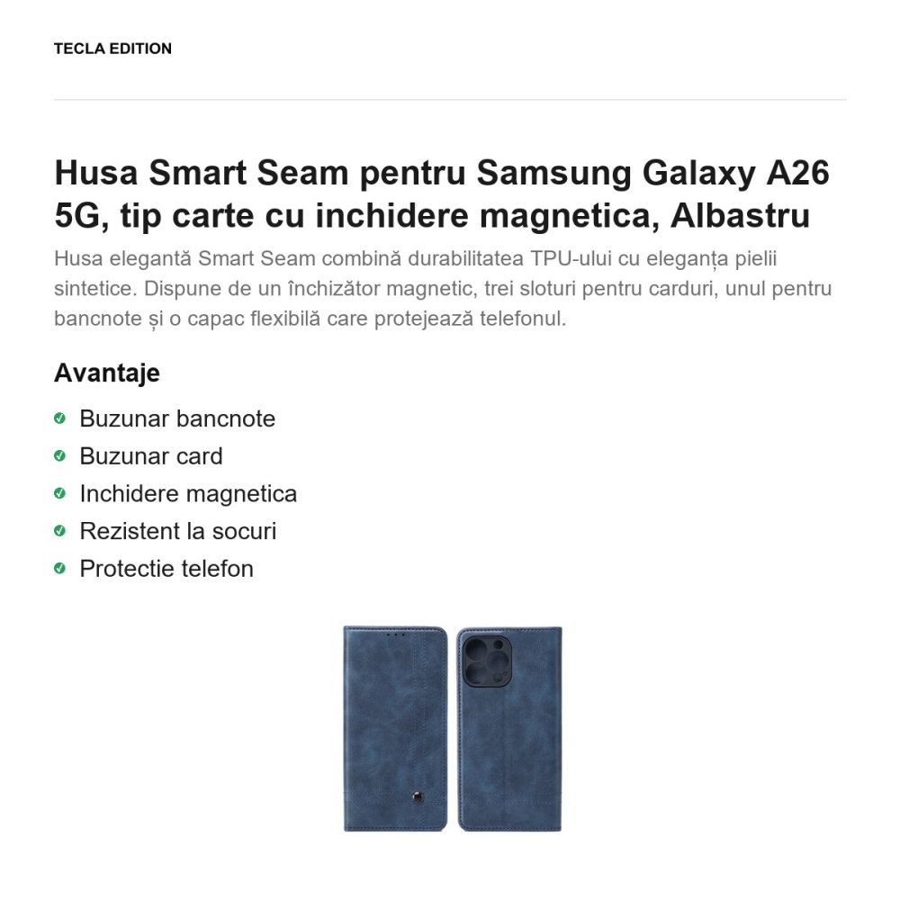 Husa Smart Seam pentru Samsung Galaxy A26 5G, tip carte cu inchidere magnetica, Albastru [2]