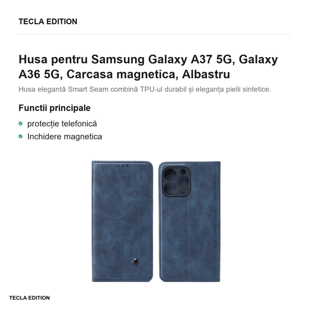 Husa Smart Seam pentru Samsung Galaxy A37 5G, Galaxy A36 5G, tip carte cu inchidere magnetica, Albastru [2]