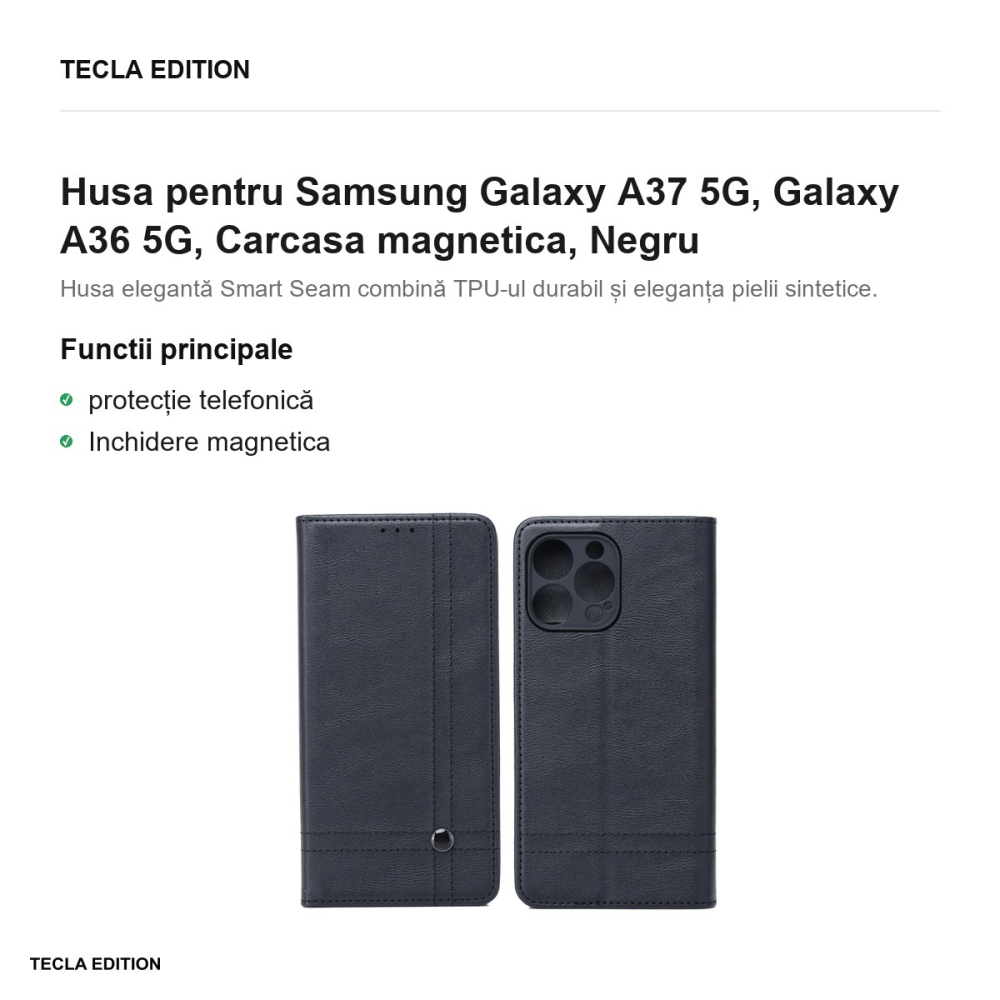 Husa Smart Seam pentru Samsung Galaxy A37 5G, Galaxy A36 5G, tip carte cu inchidere magnetica, Negru [2]