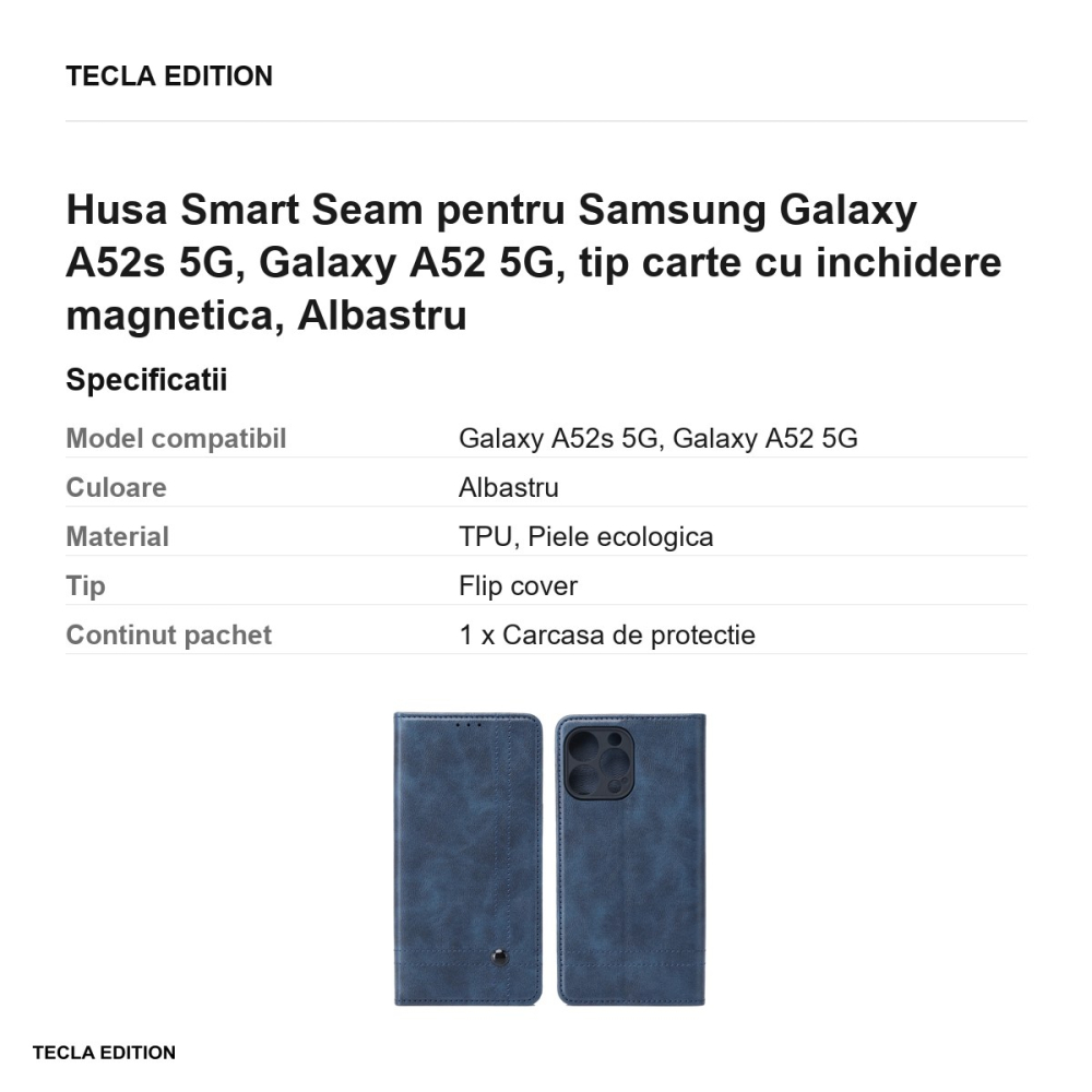 Husa Smart Seam pentru Samsung Galaxy A52s 5G, Galaxy A52 5G, tip carte cu inchidere magnetica, Albastru [3]