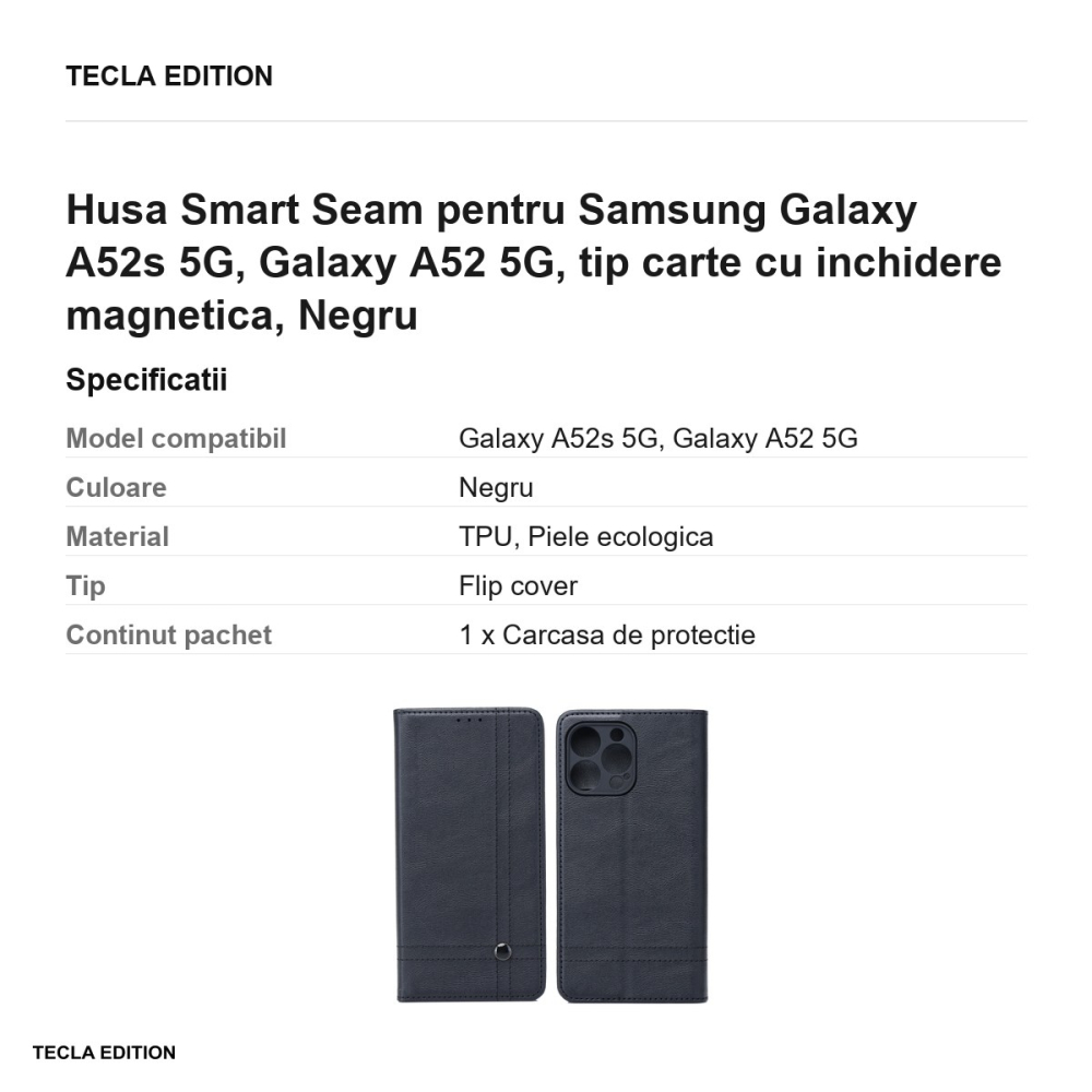 Husa Smart Seam pentru Samsung Galaxy A52s 5G, Galaxy A52 5G, tip carte cu inchidere magnetica, Negru [3]