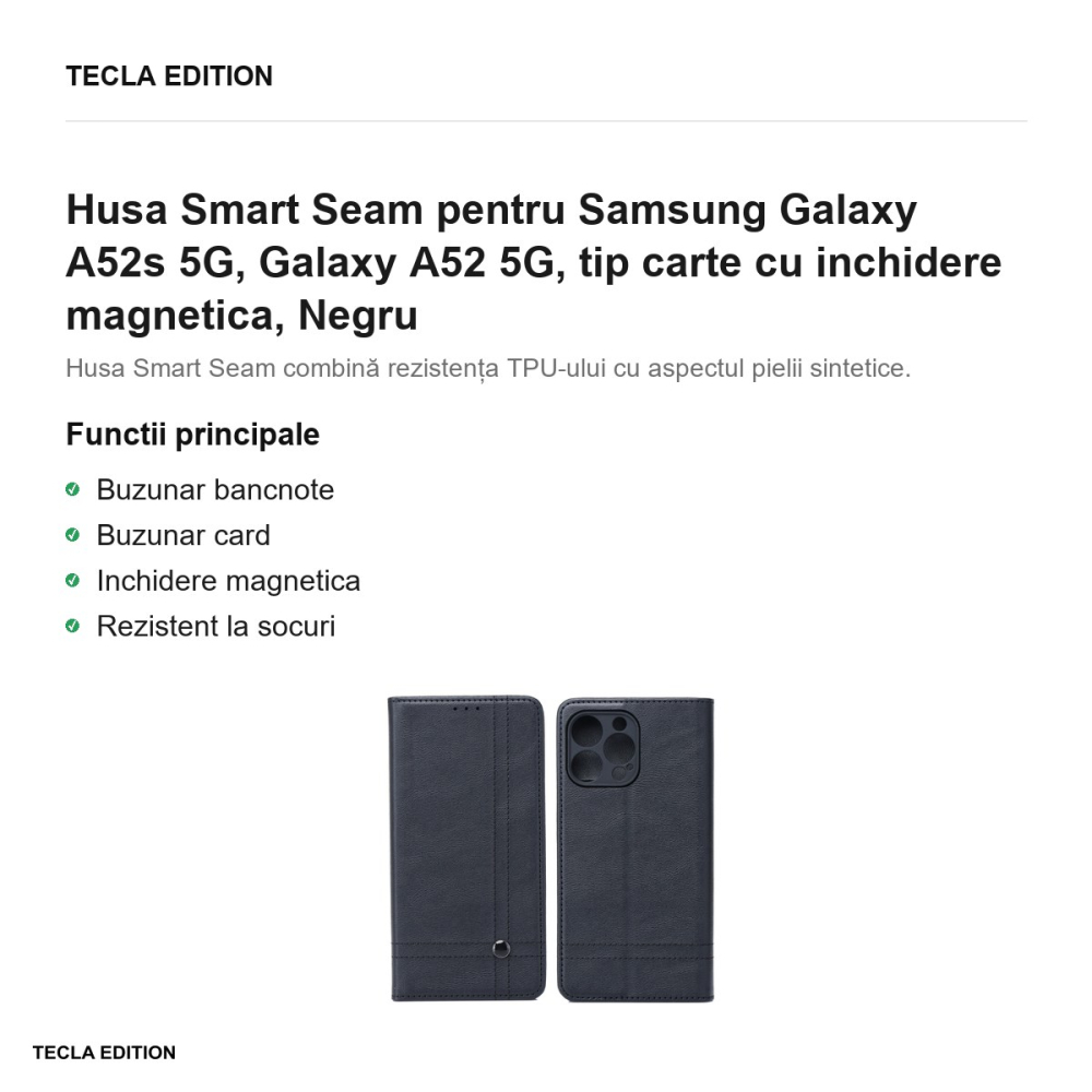 Husa Smart Seam pentru Samsung Galaxy A52s 5G, Galaxy A52 5G, tip carte cu inchidere magnetica, Negru [2]