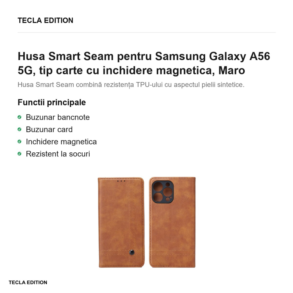 Husa Smart Seam pentru Samsung Galaxy A56 5G, tip carte cu inchidere magnetica, Maro [2]
