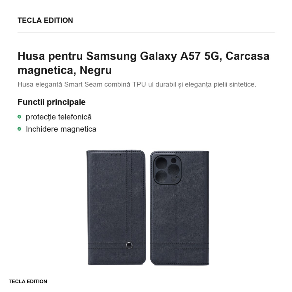 Husa Smart Seam pentru Samsung Galaxy A57 5G, tip carte cu inchidere magnetica, Negru [2]