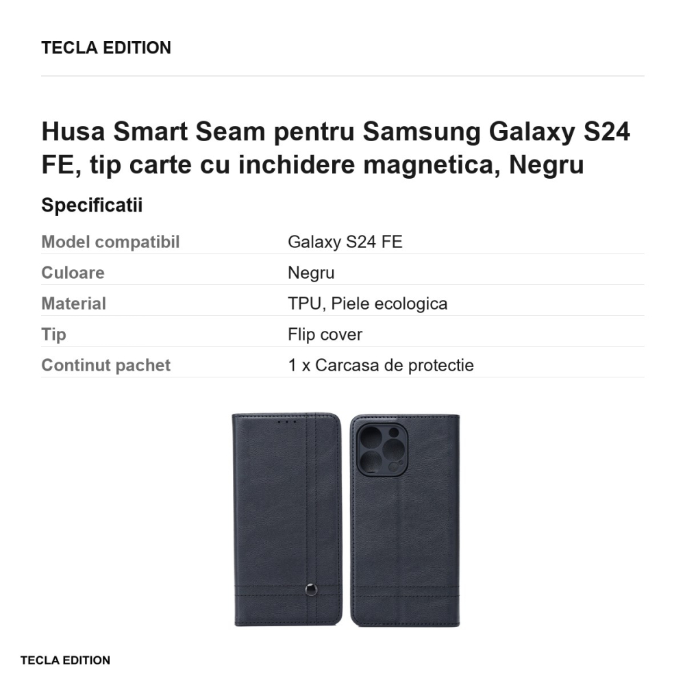 Husa Smart Seam pentru Samsung Galaxy S24 FE, tip carte cu inchidere magnetica, Negru [3]