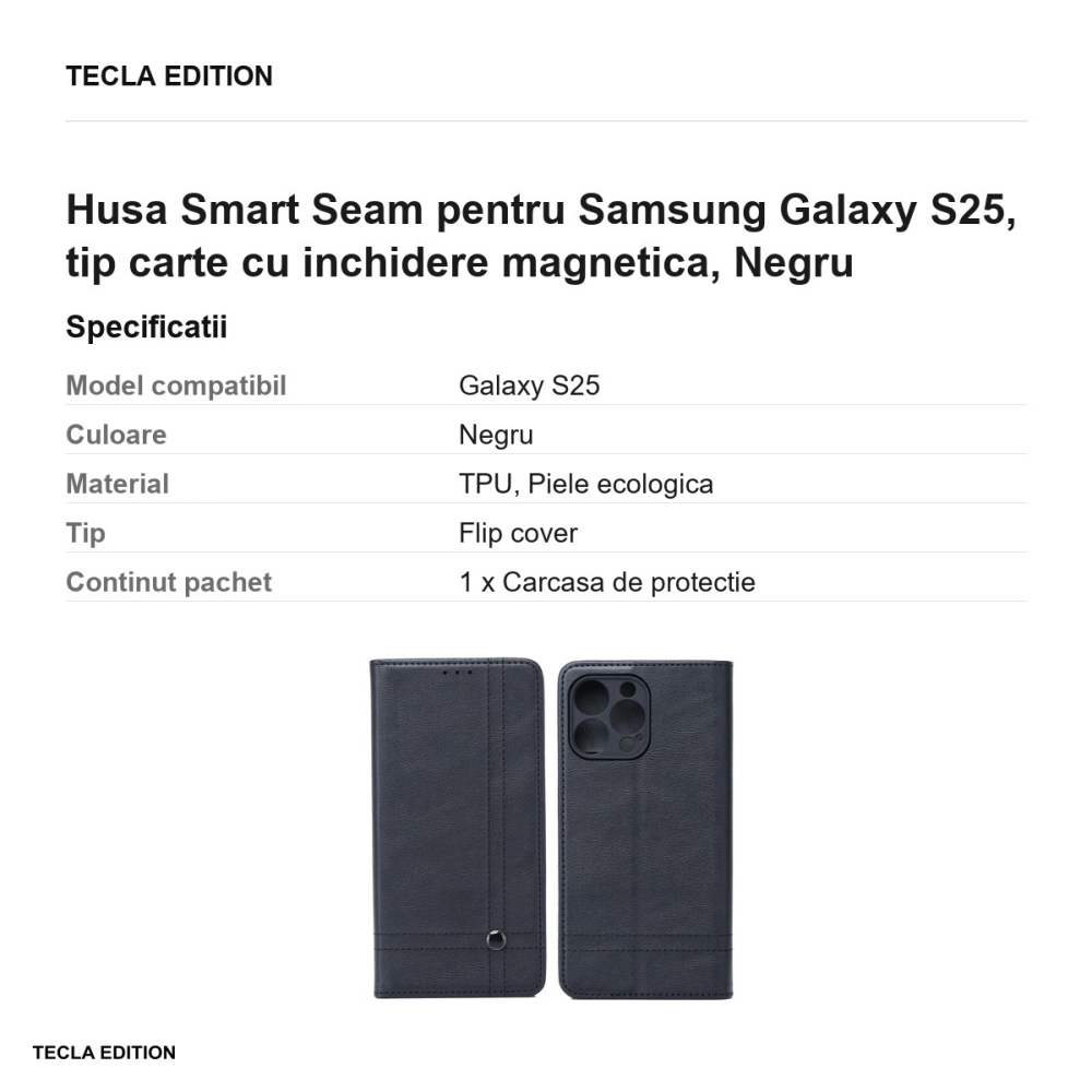 Husa Smart Seam pentru Samsung Galaxy S25, tip carte cu inchidere magnetica, Negru [3]