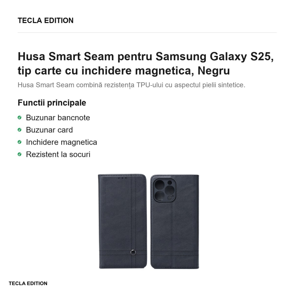 Husa Smart Seam pentru Samsung Galaxy S25, tip carte cu inchidere magnetica, Negru [2]