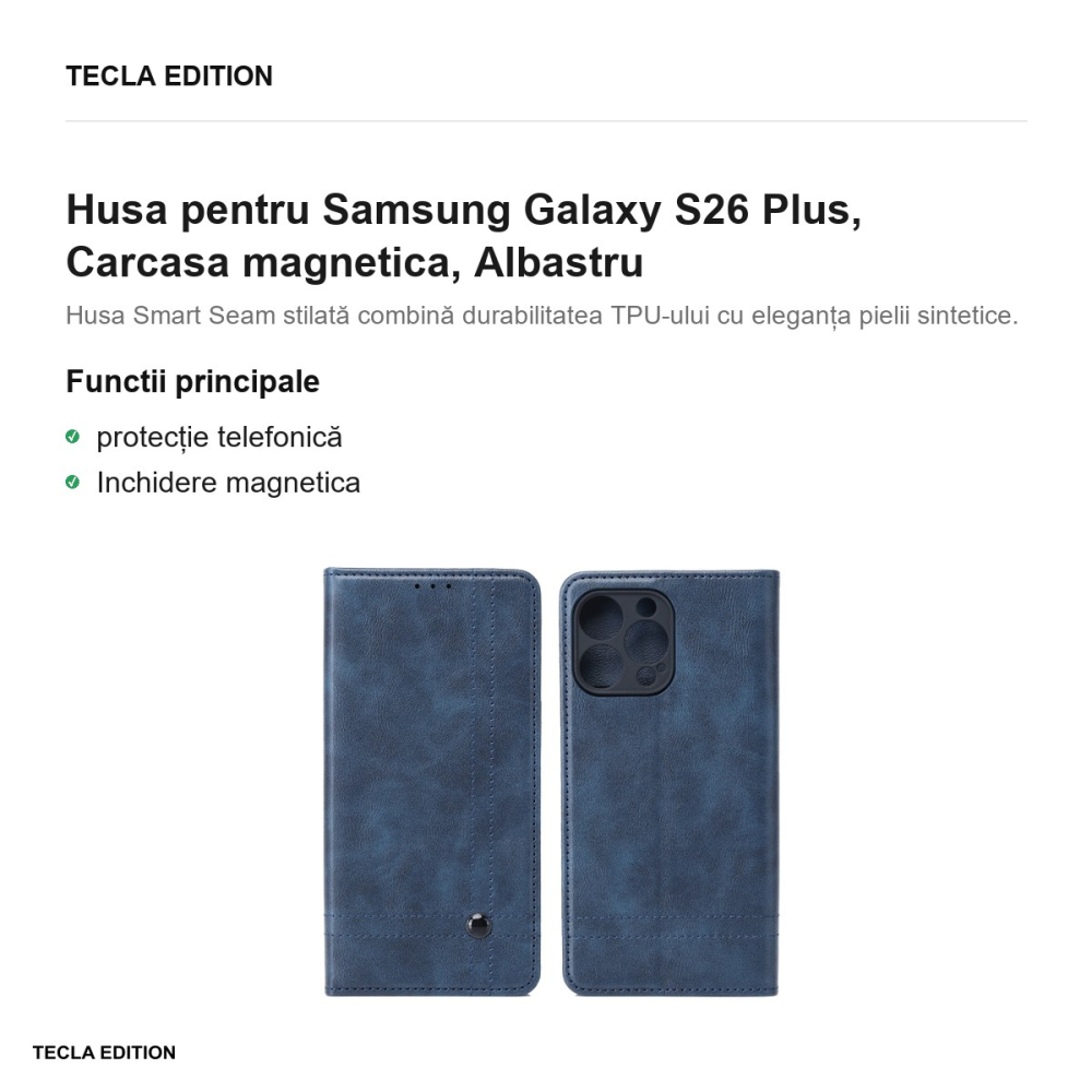 Husa Smart Seam pentru Samsung Galaxy S26 Plus, tip carte cu inchidere magnetica, Albastru [2]