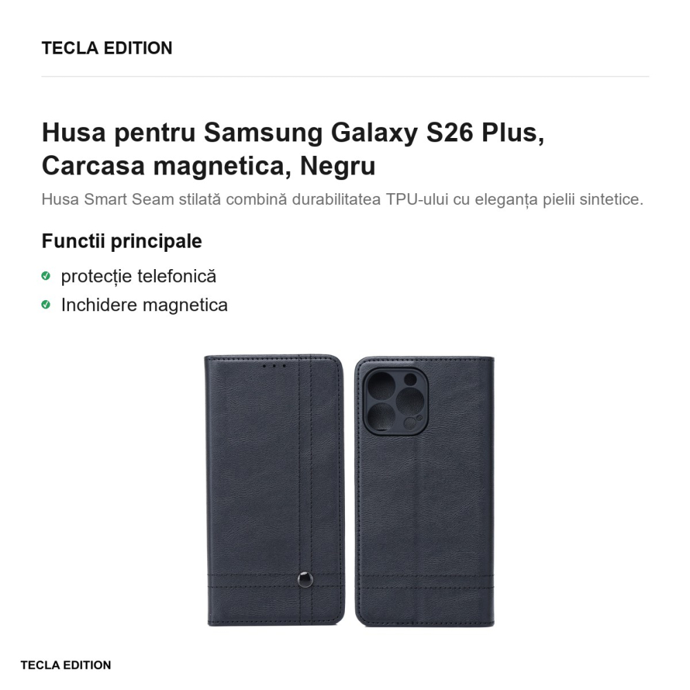 Husa Smart Seam pentru Samsung Galaxy S26 Plus, tip carte cu inchidere magnetica, Negru [2]