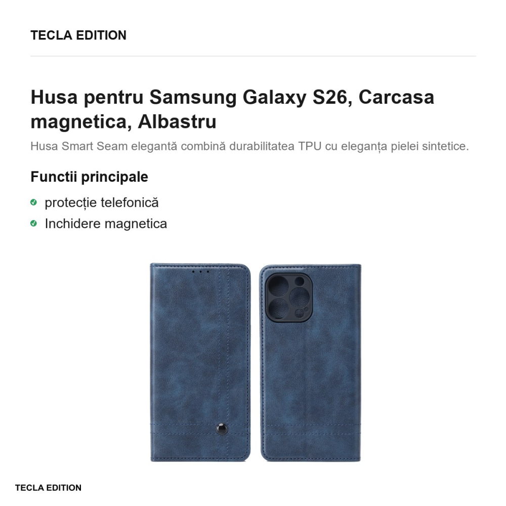 Husa Smart Seam pentru Samsung Galaxy S26, tip carte cu inchidere magnetica, Albastru [2]