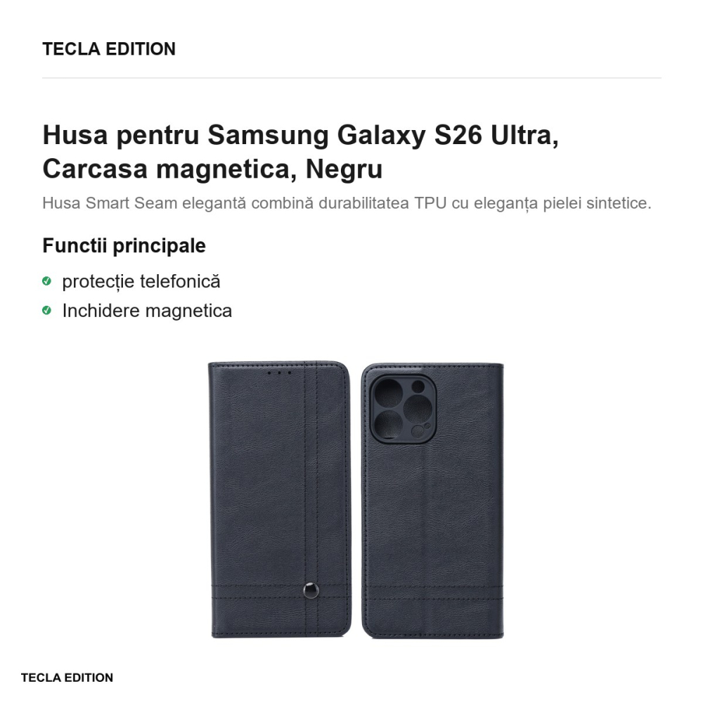 Husa Smart Seam pentru Samsung Galaxy S26 Ultra, tip carte cu inchidere magnetica, Negru [2]