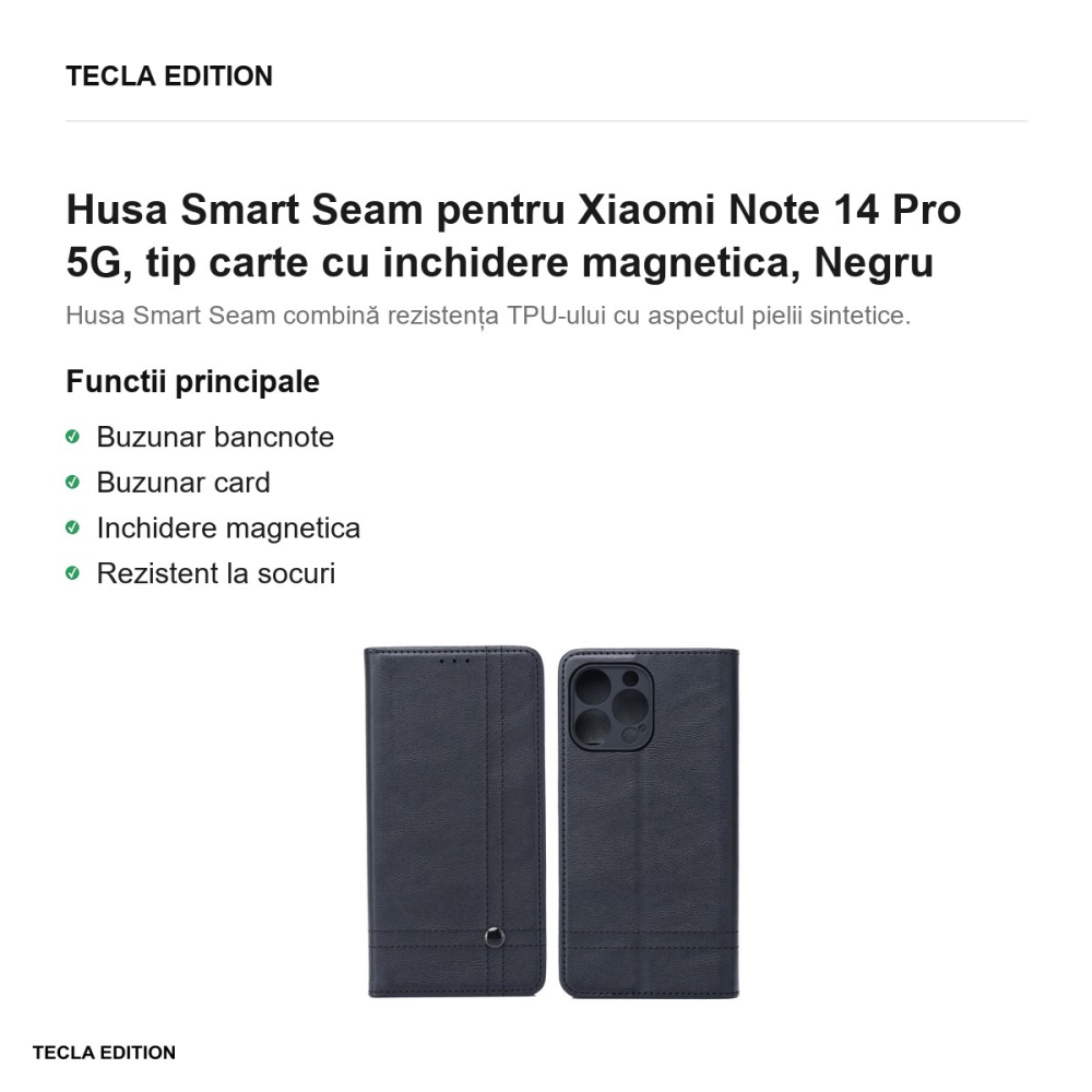 Husa Smart Seam pentru Xiaomi Note 14 Pro 5G, tip carte cu inchidere magnetica, Negru [2]