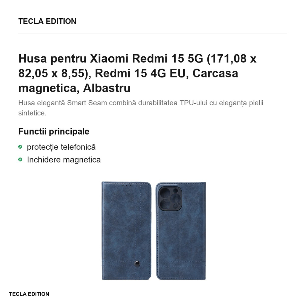 Husa Smart Seam pentru Xiaomi Redmi 15 5G, Redmi 15 4G EU, tip carte cu inchidere magnetica, Albastru [2]