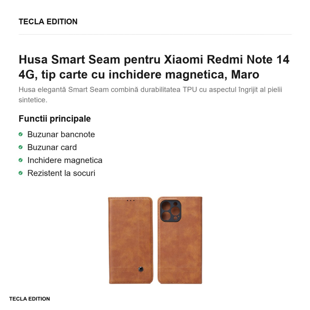 Husa Smart Seam pentru Xiaomi Redmi Note 14 4G, tip carte cu inchidere magnetica, Maro [2]