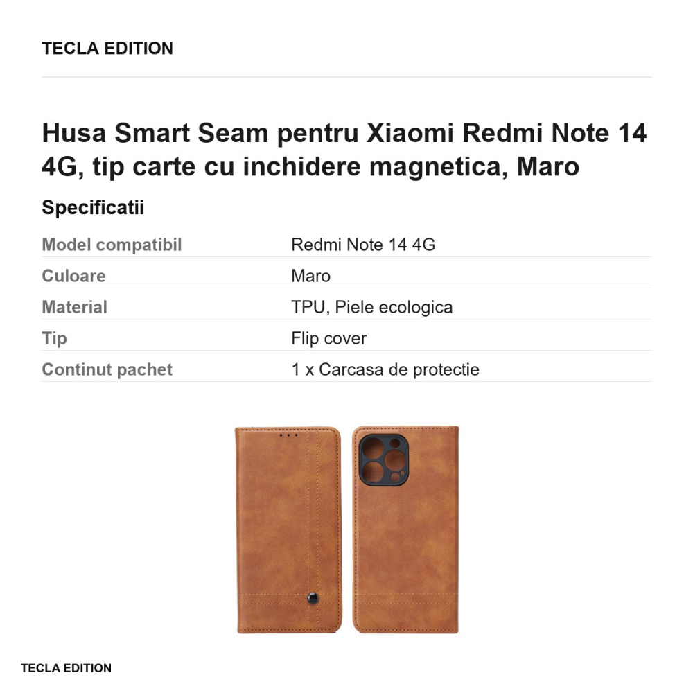 Husa Smart Seam pentru Xiaomi Redmi Note 14 4G, tip carte cu inchidere magnetica, Maro [3]