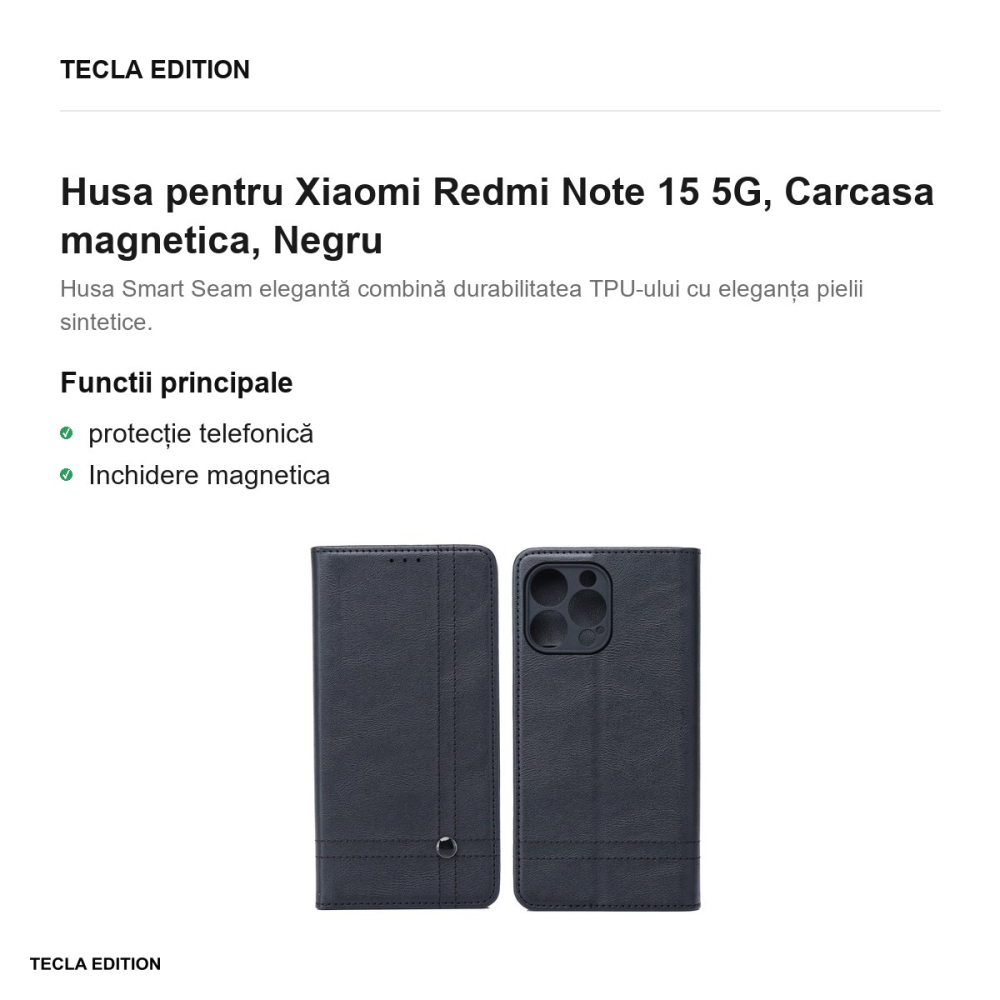 Husa Smart Seam pentru Xiaomi Redmi Note 15 5G, tip carte cu inchidere magnetica, Negru [2]