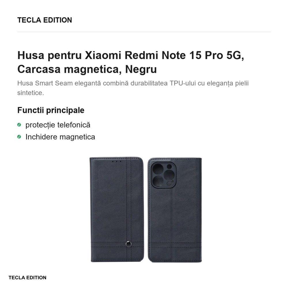 Husa Smart Seam pentru Xiaomi Redmi Note 15 Pro 5G, tip carte cu inchidere magnetica, Negru [2]