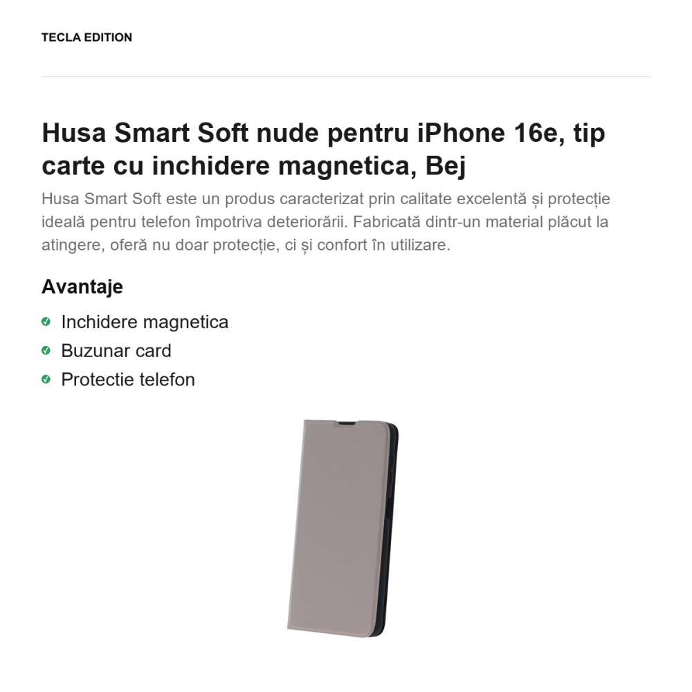 Husa Smart Soft nude pentru iPhone 16e, tip carte cu inchidere magnetica, Bej [2]