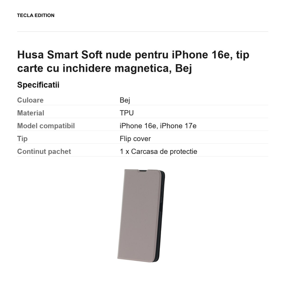 Husa Smart Soft nude pentru iPhone 16e, tip carte cu inchidere magnetica, Bej [3]