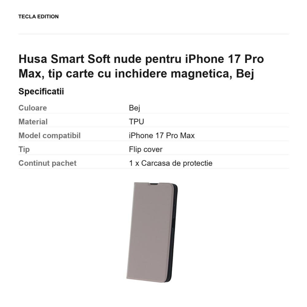 Husa Smart Soft nude pentru iPhone 17 Pro Max, tip carte cu inchidere magnetica, Bej [3]