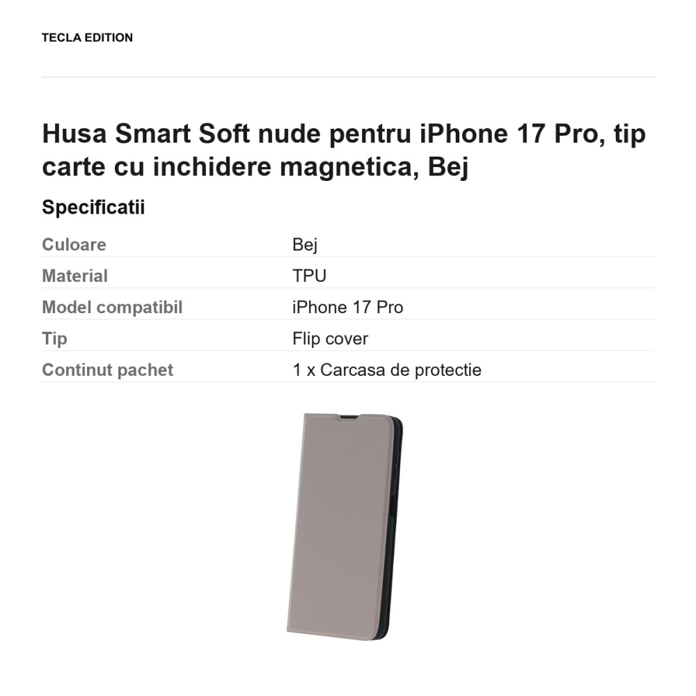 Husa Smart Soft nude pentru iPhone 17 Pro, tip carte cu inchidere magnetica, Bej [3]