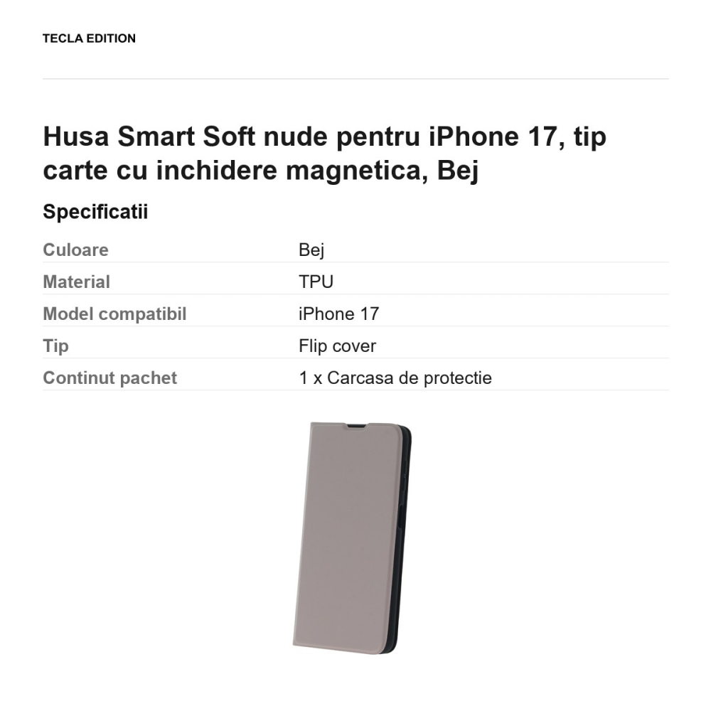 Husa Smart Soft nude pentru iPhone 17, tip carte cu inchidere magnetica, Bej [3]