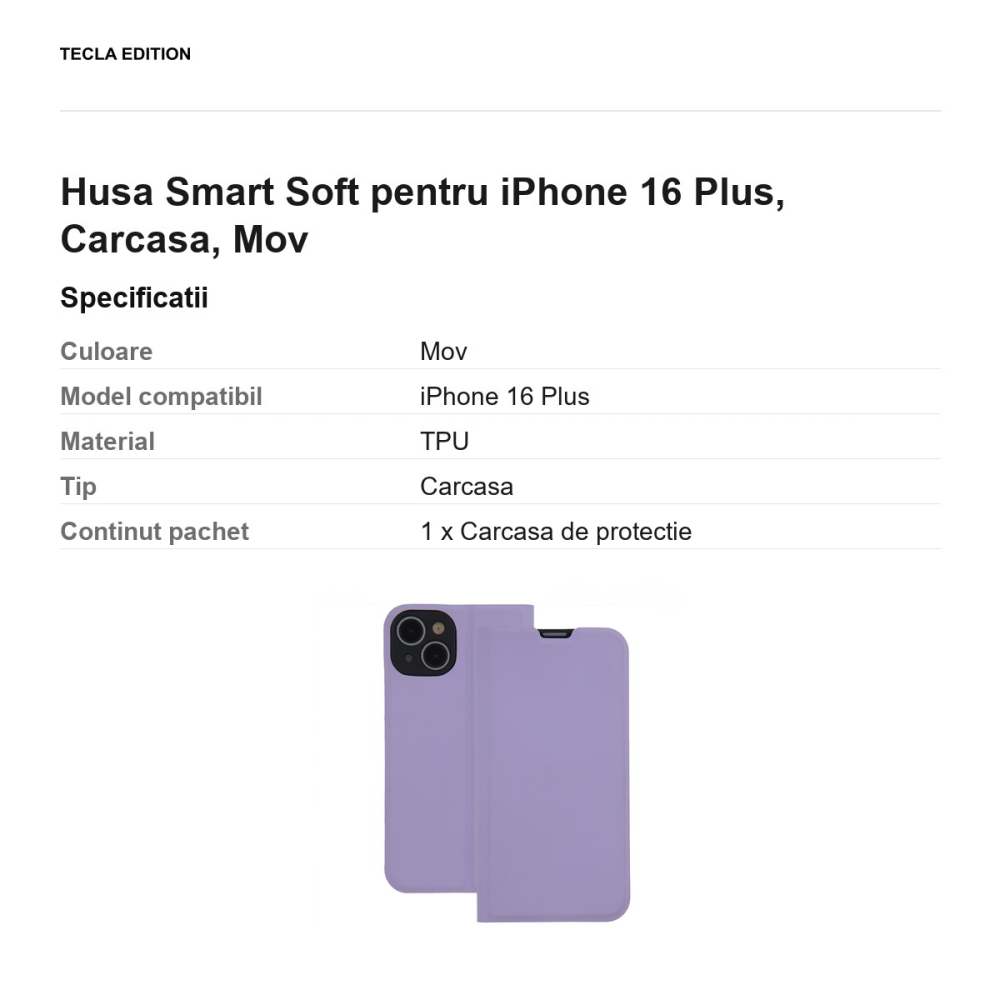 Husa Smart Soft pentru iPhone 16 Plus, Carcasa, Mov [3]