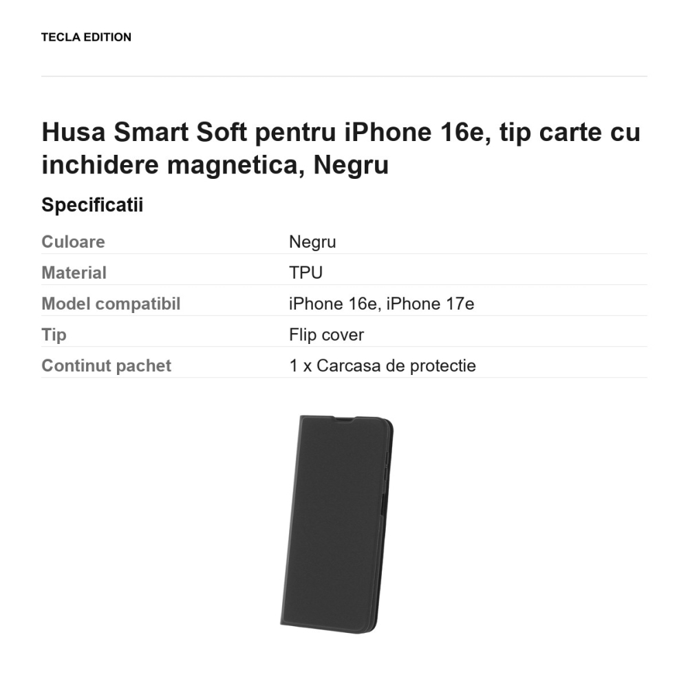Husa Smart Soft pentru iPhone 16e, tip carte cu inchidere magnetica, Negru [3]