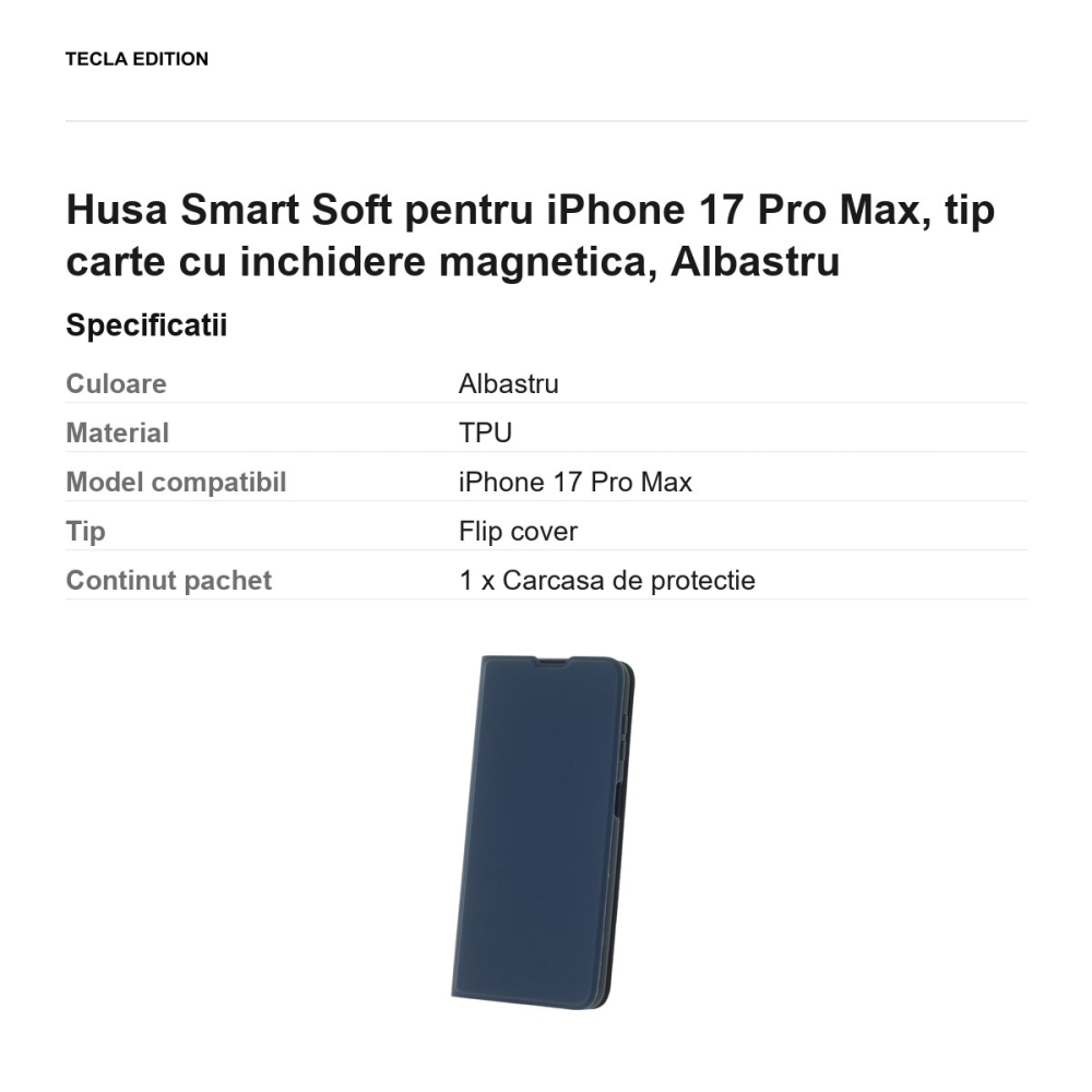Husa Smart Soft pentru iPhone 17 Pro Max, tip carte cu inchidere magnetica, Albastru [3]
