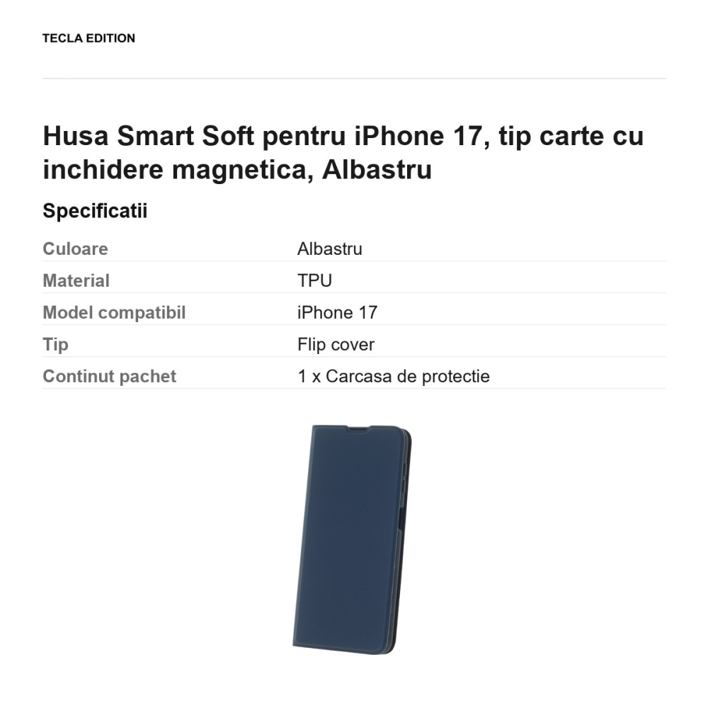 Husa Smart Soft pentru iPhone 17, tip carte cu inchidere magnetica, Albastru [3]