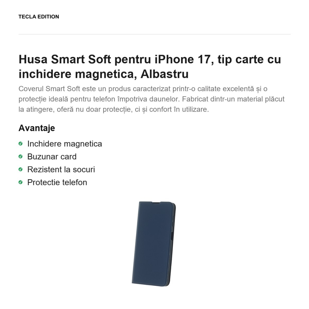 Husa Smart Soft pentru iPhone 17, tip carte cu inchidere magnetica, Albastru [2]