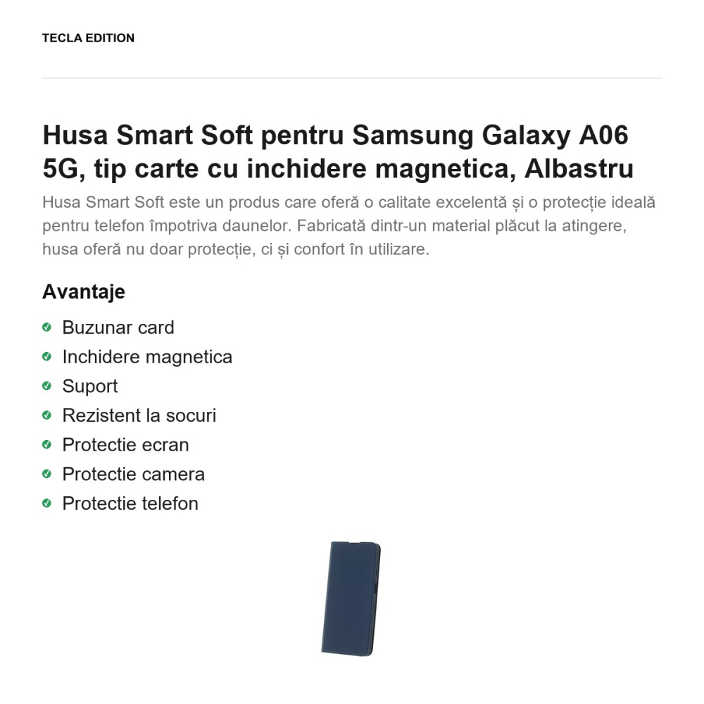 Husa Smart Soft pentru Samsung Galaxy A06 5G, tip carte cu inchidere magnetica, Albastru [2]