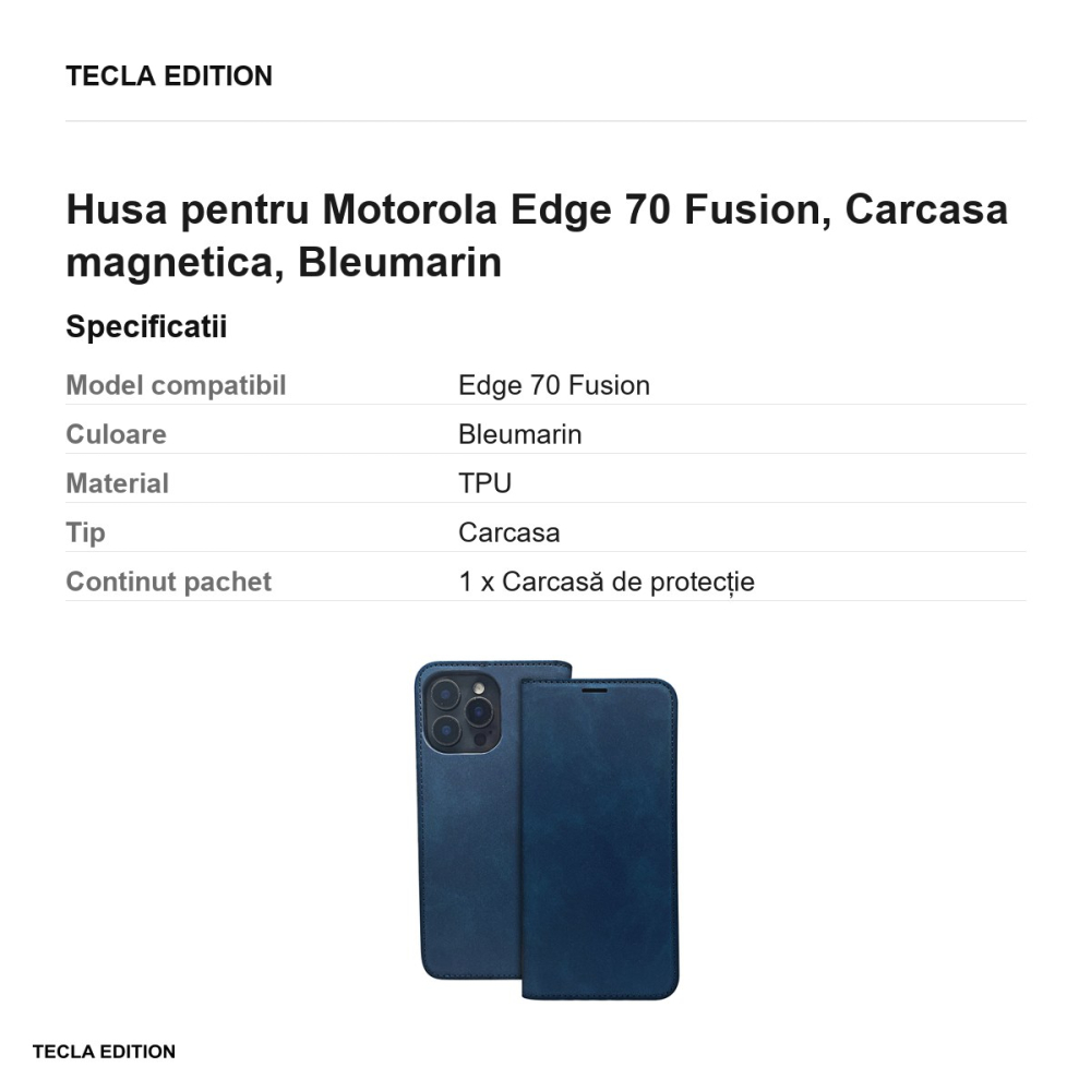 Husa Smart Suede Fusion pentru Motorola Edge 70 Fusion, tip carte cu inchidere magnetica, Bleumarin [3]