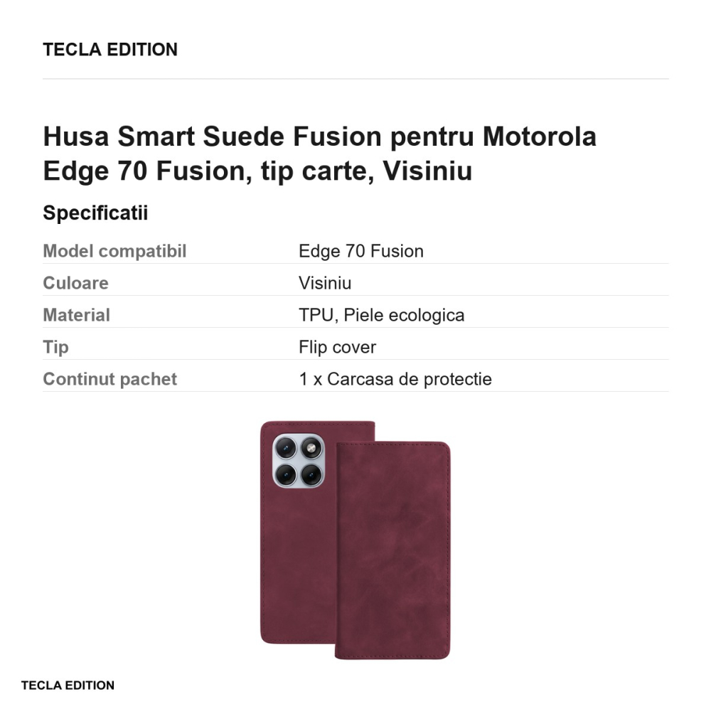Husa Smart Suede Fusion pentru Motorola Edge 70 Fusion, tip carte, Visiniu [3]