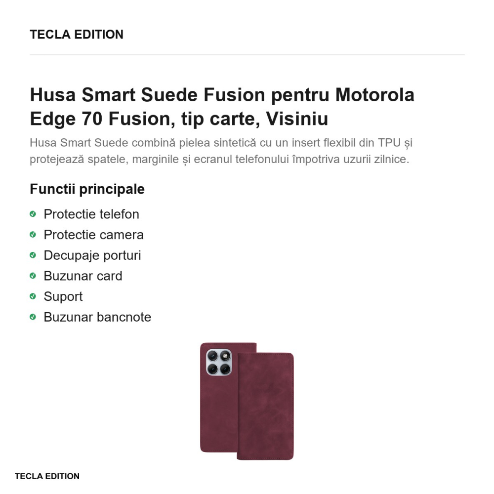 Husa Smart Suede Fusion pentru Motorola Edge 70 Fusion, tip carte, Visiniu [2]