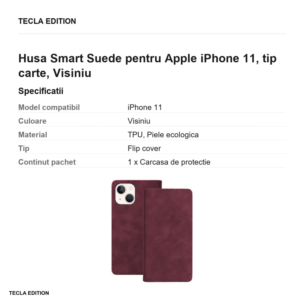 Husa Smart Suede pentru Apple iPhone 11, tip carte, Visiniu [3]