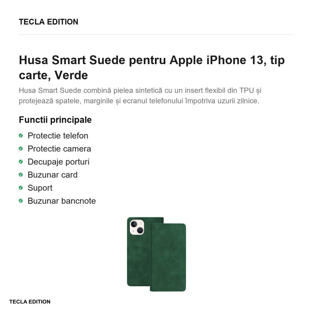 Husa Smart Suede pentru Apple iPhone 13, tip carte, Verde [2]
