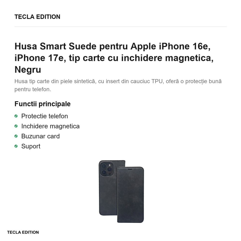 Husa Smart Suede pentru Apple iPhone 16e, iPhone 17e, tip carte cu inchidere magnetica, Negru [2]