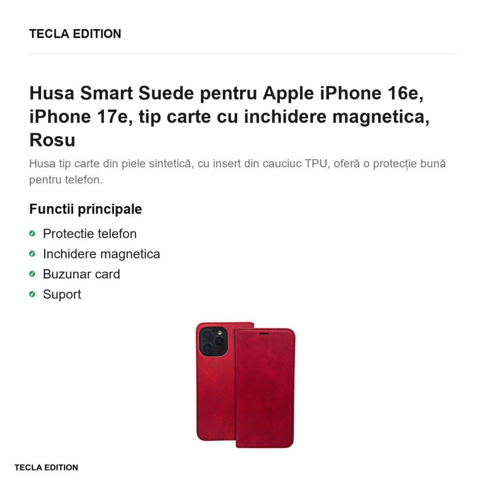 Husa Smart Suede pentru Apple iPhone 16e, iPhone 17e, tip carte cu inchidere magnetica, Rosu [2]