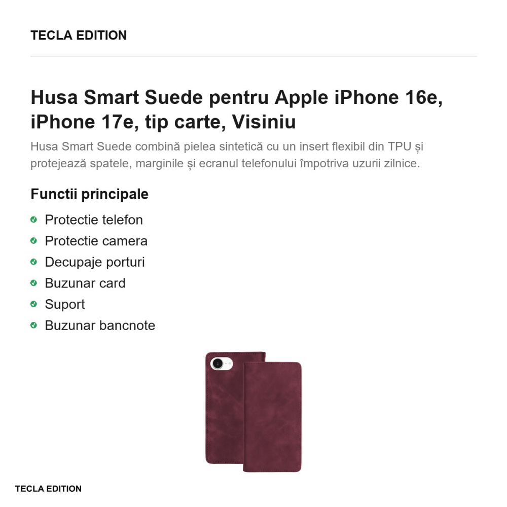 Husa Smart Suede pentru Apple iPhone 16e, iPhone 17e, tip carte, Visiniu [2]