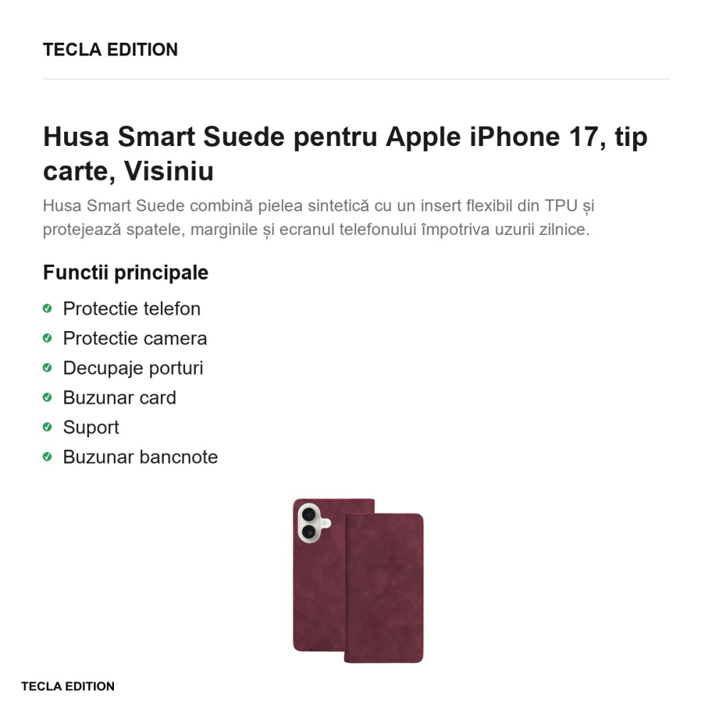 Husa Smart Suede pentru Apple iPhone 17, tip carte, Visiniu [2]